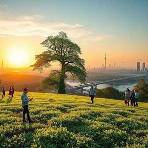 A conceptual artwork symbolizing "Schöpfungsspiel" featuring a lush, green landscape in the foreground, with diverse European individuals in professional attire engaging in collaborative activities, symbolizing innovation and collective growth. In the middle ground, a blend of advanced technology and organic elements, such as trees morphing into circuit patterns, representing the intersection of biological heritage and intellectual freedom. The background showcases a serene skyline merging nature and futuristic architecture under a radiant sunset, bathing the scene in warm golden hues. A soft, dreamlike atmosphere permeates the image, with gentle lighting illuminating the figures and nature, evoking a sense of harmony between progress and tradition. The angle is slightly elevated, offering a panoramic view to capture the expanse of this visionary landscape.