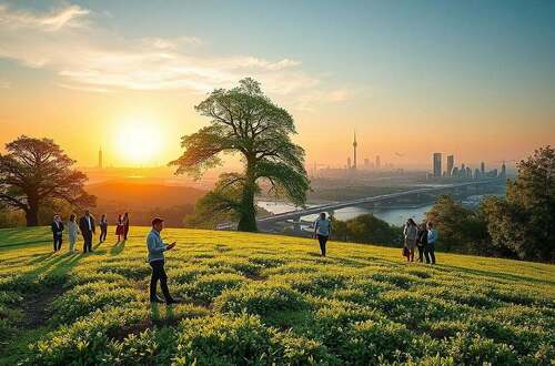 A conceptual artwork symbolizing "Schöpfungsspiel" featuring a lush, green landscape in the foreground, with diverse European individuals in professional attire engaging in collaborative activities, symbolizing innovation and collective growth. In the middle ground, a blend of advanced technology and organic elements, such as trees morphing into circuit patterns, representing the intersection of biological heritage and intellectual freedom. The background showcases a serene skyline merging nature and futuristic architecture under a radiant sunset, bathing the scene in warm golden hues. A soft, dreamlike atmosphere permeates the image, with gentle lighting illuminating the figures and nature, evoking a sense of harmony between progress and tradition. The angle is slightly elevated, offering a panoramic view to capture the expanse of this visionary landscape.