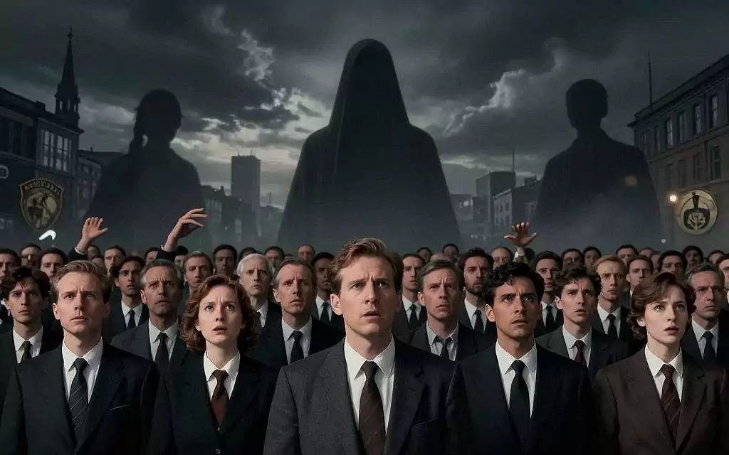 A conceptual illustration depicting the influence of Gustave Le Bon's theories on mass psychology, focusing on the shadows of history and totalitarian regimes of the 20th century. In the foreground, a large crowd of diverse people in professional business attire, their expressions a mixture of fervor and uncertainty, embodying mass hysteria. The middle ground features symbolic elements, such as a hand reaching from a shrouded figure representing authoritarian control, and historical insignias subtly blending into the scene. The background depicts a dark, oppressive urban landscape under a tumultuous sky, casting dramatic shadows. Use moody lighting to evoke a sense of foreboding, with a slight vignette effect to draw attention to the crowd. A low-angle shot enhances the feeling of intimidation and collective power.