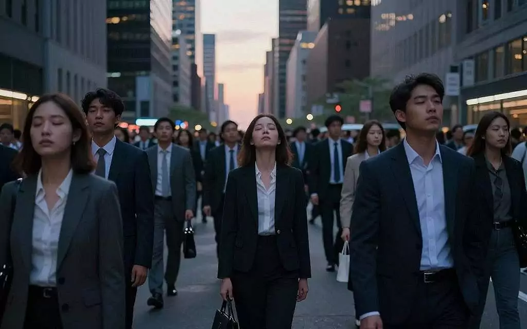 A crowded city street at dusk, filled with diverse individuals in professional attire, their expressions blank and distant, symbolizing a collective state of trance. In the foreground, a woman stands with her head tilted back, eyes closed, as if seeking something beyond the mundane. The middle ground features a diverse crowd, moving in unison, their shadows elongated by the fading sunset light. The background shows towering skyscrapers, partially obscured by a deepening twilight, creating an atmosphere of emptiness and introspection. Soft, ethereal lighting bathes the scene, emphasizing the surreal disconnect between the individuals and their surroundings, evoking a sense of spiritual emptiness and the search for meaning in the collective experience.