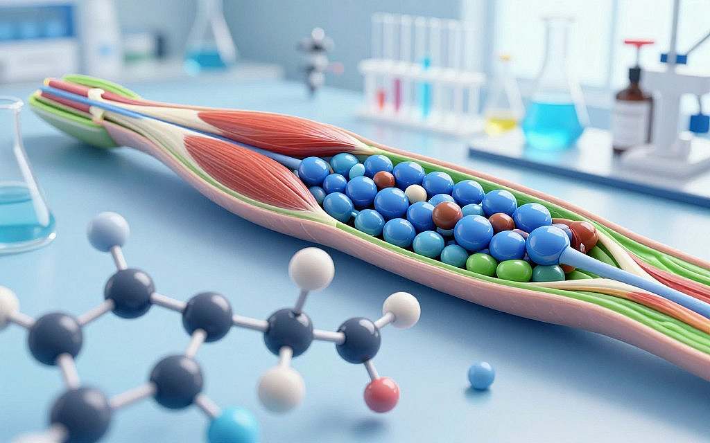 A detailed and educational illustration of muscle protein synthesis and protein quality. In the foreground, a close-up view of molecular structures resembling amino acids and protein chains intricately linked together, symbolizing synthesis. In the middle ground, a stylized representation of human muscle fibers, showing the process of muscle growth and repair. The background features a blurred scientific laboratory setting, with beakers and test tubes, lit with soft, bright lighting to evoke a sense of professionalism and research. The color palette should be vibrant yet harmonious, highlighting blue and green tones associated with health and vitality. The atmosphere should be inspiring and dynamic, emphasizing the importance of protein quality in muscle development without any text or additional elements. A detailed and educational illustration of muscle protein synthesis and protein quality. In the foreground, a close-up view of molecular structures resembling amino acids and protein chains intricately linked together, symbolizing synthesis. In the middle ground, a stylized representation of human muscle fibers, showing the process of muscle growth and repair. The background features a blurred scientific laboratory setting, with beakers and test tubes, lit with soft, bright lighting to evoke a sense of professionalism and research. The color palette should be vibrant yet harmonious, highlighting blue and green tones associated with health and vitality. The atmosphere should be inspiring and dynamic, emphasizing the importance of protein quality in muscle development without any text or additional elements.