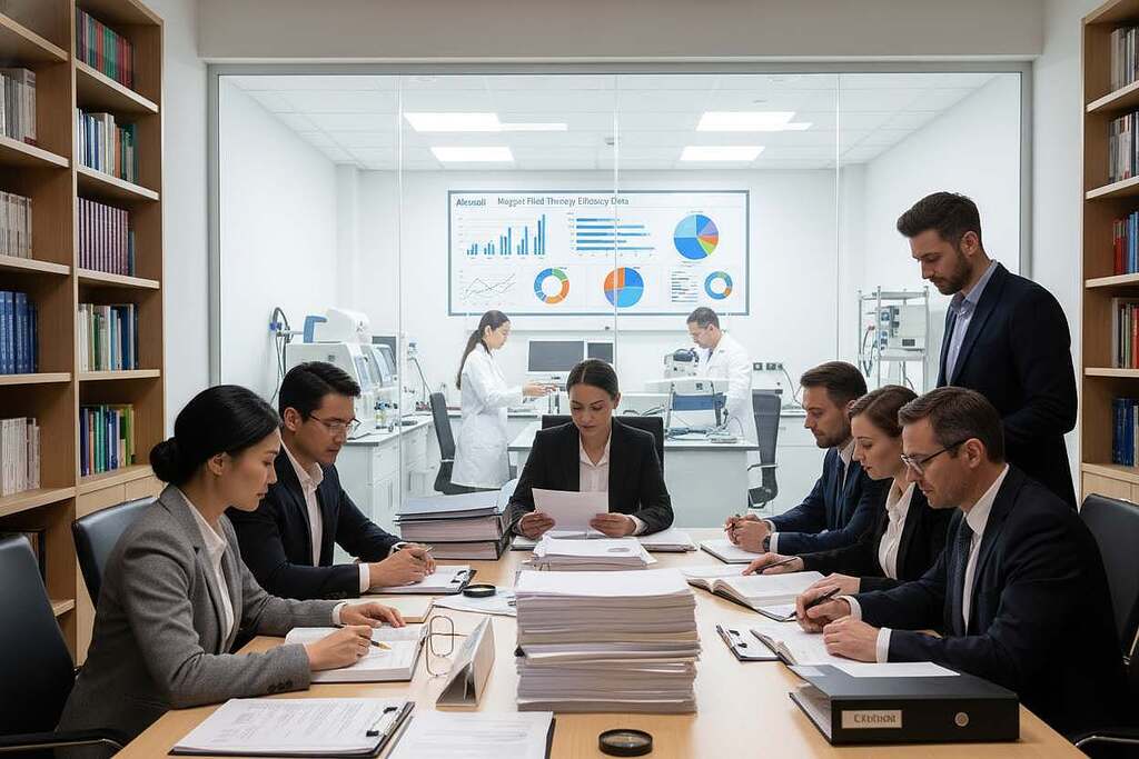 A detailed and professional depiction of clinical evidence in the context of foot health and magnet field therapy. In the foreground, a diverse group of healthcare professionals in business attire, examining a collection of clinical data and research papers on a large table. In the middle ground, a modern, well-lit laboratory featuring state-of-the-art medical equipment and a large presentation screen displaying graphs and statistics related to the efficacy of Akusoli insoles. The background showcases shelves lined with medical books and journals, emphasizing a scholarly atmosphere. Soft, diffused lighting creates a focused and serious mood, while the angle captures the collaborative nature of the discussion. The scene should convey an ambiance of scientific diligence and analytical depth.