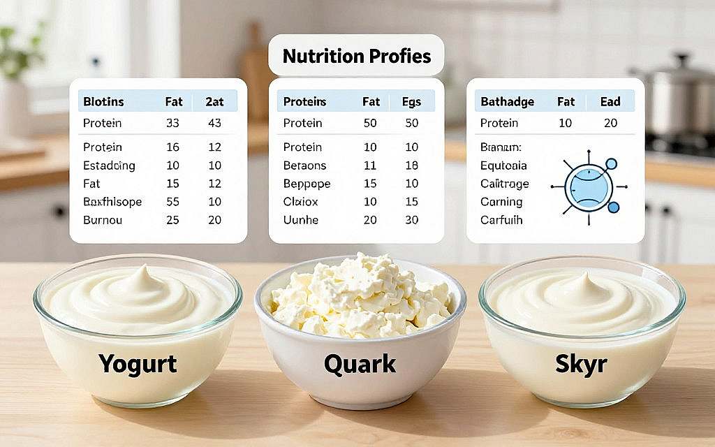 A detailed, educational illustration comparing the nutritional profiles of yogurt, quark, and skyr. In the foreground, display three bowls: one filled with creamy yogurt, another with thick quark, and the last with smooth skyr, each labeled clearly but without text. In the middle ground, include a laboratory setting with nutritional charts and scientific diagrams showing their respective nutrient contents like protein, fat, and carbohydrates. The background should feature a bright, clean kitchen environment with a soft-focus to enhance the foreground elements. Use warm, natural lighting to create an inviting yet informative atmosphere, with a slight overhead angle to capture the bowls and the charts comprehensively. A detailed, educational illustration comparing the nutritional profiles of yogurt, quark, and skyr. In the foreground, display three bowls: one filled with creamy yogurt, another with thick quark, and the last with smooth skyr, each labeled clearly but without text. In the middle ground, include a laboratory setting with nutritional charts and scientific diagrams showing their respective nutrient contents like protein, fat, and carbohydrates. The background should feature a bright, clean kitchen environment with a soft-focus to enhance the foreground elements. Use warm, natural lighting to create an inviting yet informative atmosphere, with a slight overhead angle to capture the bowls and the charts comprehensively.