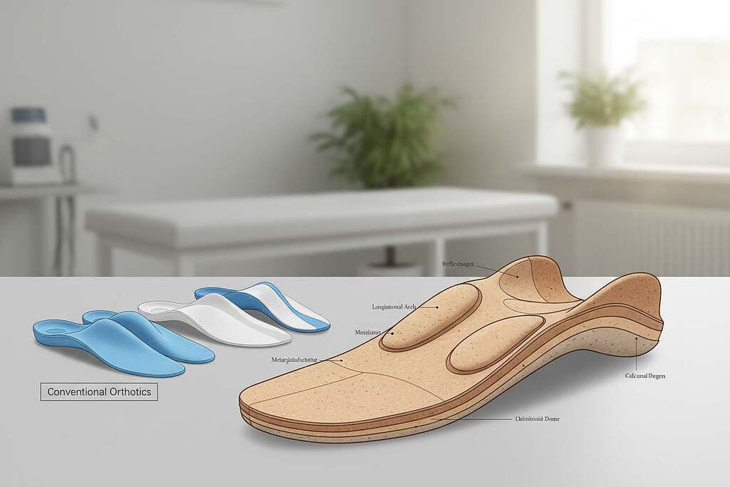 A detailed illustration of a "reflexbogen," an ergonomic footbed designed for therapeutic use, set against a clean, professional backdrop. In the foreground, showcase the reflexbogen with intricate anatomical features labeled subtly, highlighting its curvature and support for foot health. In the middle ground, arrange various conventional orthotic insoles, comparing their structure to emphasize differences in design and function. The background can feature a softly blurred clinical environment, suggesting a serene atmosphere conducive to healing. Utilize natural, soft lighting to enhance the texture of the materials while maintaining a professional ambiance. A slight aerial angle of view should be used to capture the contours and layers of the insoles effectively, promoting a sense of informative clarity and scientific analysis.