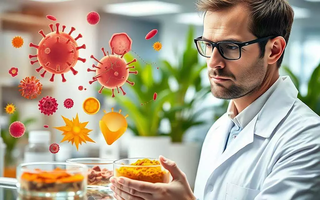 A detailed, informative illustration depicting the interactions between nutrition and the immune system. In the foreground, a focused Euopean male scientist in a white lab coat, examining petri dishes filled with vibrant, colorful anti-inflammatory plant substances like turmeric and ginger. In the middle ground, a stylized depiction of the immune system with abstract representations of white blood cells and inflammation processes illustrated through dynamic shapes and colors, suggesting activity and response. The background features a soft-focus image of a modern laboratory with green plants, symbolizing nutritional elements. The lighting is bright and clinical to create a sense of cleanliness and importance, with a slight lens blur on the background to enhance focus on the scientist and the immune cells, conveying a mood of exploration and discovery.