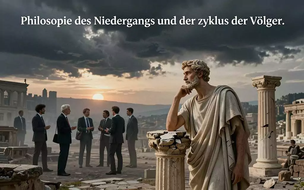 A dramatic depiction of "Philosophie des Niedergangs und der Zyklus der Völker," emphasizing the cyclical nature of civilizations. In the foreground, an ancient philosopher, wearing modest robes, contemplates a crumbling column, symbolizing the decline of culture. Surrounding him are subtle representations of past civilizations: shadowy outlines of ancient cities and ruins. In the middle ground, a blend of diverse people in professional business attire engage in animated discussions, representing the collective psyche. The background features a vast horizon, where dark storm clouds roll in, hinting at impending change, contrasting against a fading sunset that symbolizes the decline of era. The mood is reflective and somber, with soft, diffused lighting enhancing the atmosphere, shot from a low angle to evoke a sense of grandeur and depth.