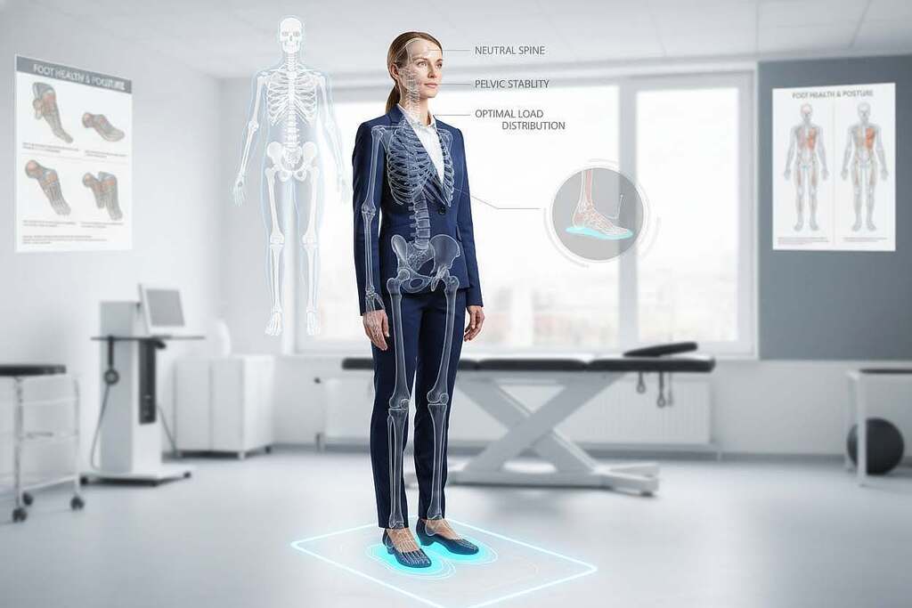 A dynamic, informative scene showcasing optimal biomechanics for preventing postural damage and joint wear. In the foreground, a professional individual in business attire demonstrates correct posture while standing on a futuristic biomechanical mat, illustrating foot health. Their feet are positioned on innovative insoles that glow softly, suggesting energy and well-being. The middle ground features a detailed diagram overlay of skeletal and muscular structures, emphasizing alignment and support. The background shows a subtly lit, modern clinic environment with biomechanical equipment and educational posters about foot care. The atmosphere is bright and focused, instilling a sense of professionalism and hope for enhanced health through biomechanics. Soft, natural lighting enhances clarity and showcases the importance of foot health for overall well-being.