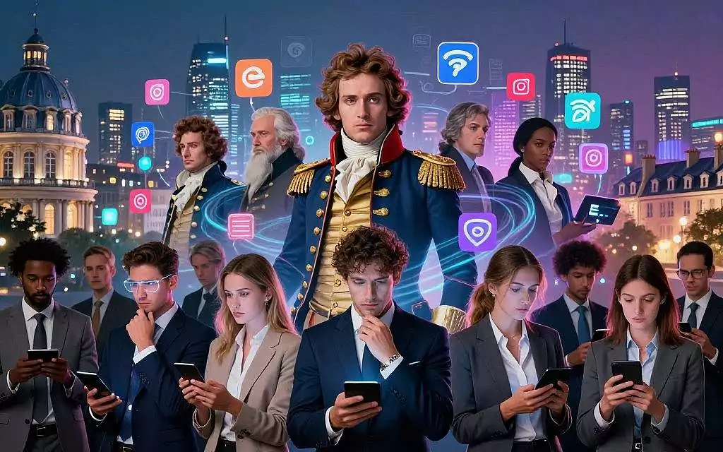 A dynamic visual that encapsulates the evolution of collective psychology from Napoleon to the age of social media. In the foreground, an array of diverse people in professional attire engage with futuristic digital devices, their expressions reflecting curiosity and contemplation. The middle ground showcases iconic historical figures like Napoleon, blending seamlessly into a swirling mass of digital avatars signaling modern social interaction. The background features contrasting cityscapes representing different eras—18th-century Paris merging into a vibrant contemporary skyline dominated by social media logos and screens. Soft, ambient lighting highlights the faces, while a slight lens flare enhances the digital aspect, creating an atmosphere of transformation and interconnectedness, symbolizing the timeless relevance of collective psyche across time and technology.