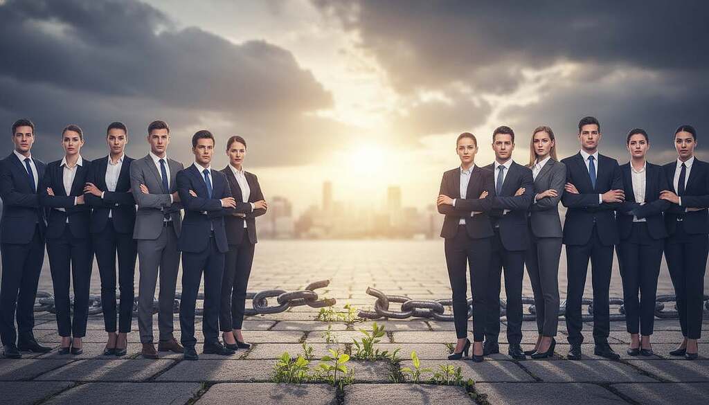A figurative representation of overcoming generational trauma and a culture of guilt in Germany. In the foreground, a diverse group of individuals in professional business attire, symbolizing unity and empowerment, is standing shoulder to shoulder with determined expressions. The middle ground features a broken chain representing the release from a history of guilt, surrounded by small plants sprouting through cracks in a stone pathway, symbolizing growth and resilience. The background consists of a sun breaking through dark clouds, casting warm light over a silhouette of a city skyline, indicating hope and a new beginning. The image has a bright, uplifting atmosphere, captured with a soft focus lens to create a dreamlike quality, emphasizing the theme of awakening and self-empowerment.