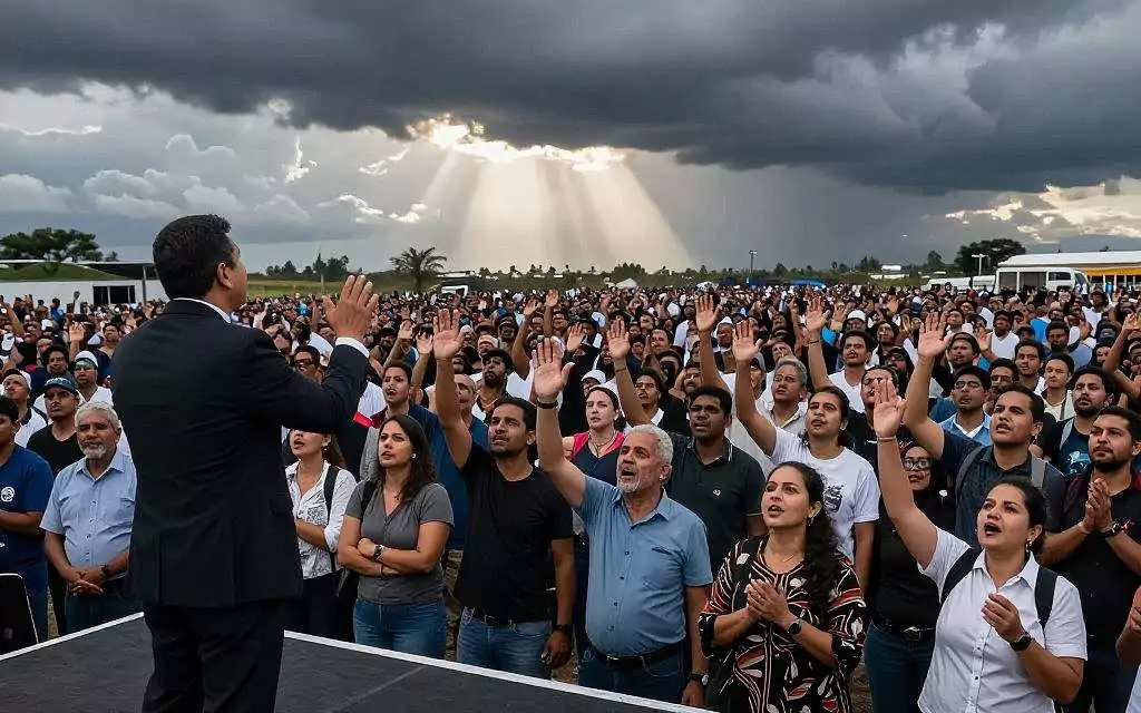 A large crowd of diverse individuals gathered in a dramatic open-air space, expressing fervent passion and unity, reminiscent of a religious gathering. The foreground features a charismatic speaker on a raised platform, dressed in formal business attire, passionately addressing the crowd. The middle section captures a close-up of attendees, a mix of ages and backgrounds, displaying a range of emotions from determination to ecstasy. In the background, an atmospheric sky filled with dark, swirling clouds symbolizes tension and fervor, illuminated by shafts of light breaking through, creating a contrast between hope and turmoil. The overall mood is intense and electric, embodying the themes of secular faith and political fanaticism, with a focus on collective psychology. Lighting is dramatic, emphasizing the emotional weight of the moment, akin to a wide-angle shot to capture the vastness of the gathering.