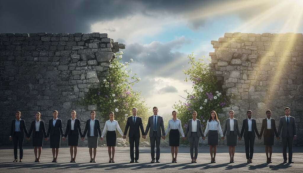 A powerful visual representation of breaking the cycle of power, greed, and control. In the foreground, a diverse group of people, dressed in professional business attire, stands united with determined expressions, symbolizing empowerment and resilience. Their hands are interlocked, forming a strong chain that contrasts against the oppressive environment. The middle ground features a cracked stone wall, symbolizing barriers of control, with vines of lush greenery breaking through, representing growth and renewal. In the background, a dark, stormy sky begins to clear, allowing rays of sunlight to illuminate the scene, conveying hope and liberation. The lighting is dramatic, casting shadows that enhance the emotions portrayed. The overall mood is one of strength, determination, and the fight for true freedom.