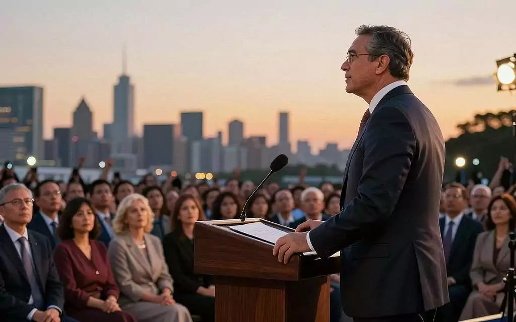 A prominent, charismatic leader stands confidently at a podium, engaging an enthusiastic crowd at dusk. The foreground captures the leader in sharp focus, dressed in a refined business suit, exuding authority and charisma. In the middle ground, captivated audience members—diverse in age and ethnicity—lean forward, their expressions showing admiration and attention. The background features an expansive skyline, softened by the waning light, with warm, golden hues illuminating the scene. Subtle spotlights create a dynamic atmosphere, enhancing the leader’s presence. The mood is one of inspiration and unity, reflecting the concepts of prestige and the power of repetition in leadership. The composition should use a low-angle shot to emphasize the leader’s stature, creating a sense of importance and gravitas in this moment of collective engagement.