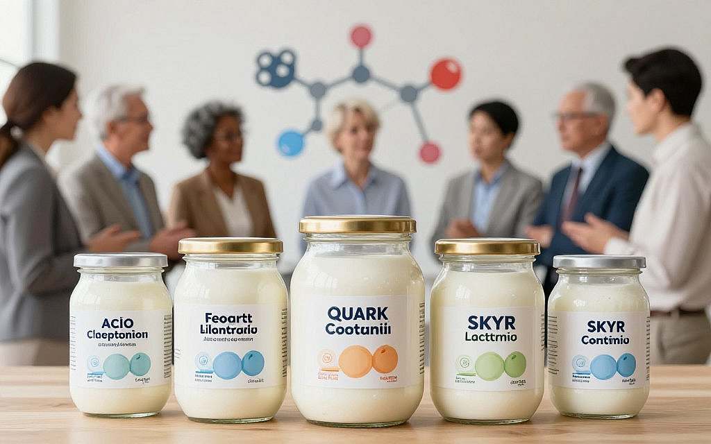A scientific visualization of lactose content and tolerance in dairy products, featuring detailed illustrations of yogurt, quark, and skyr jars, arranged in the foreground. The jars are labeled with clear, vibrant graphics showing lactose levels. In the middle ground, depict a diverse group of people in professional attire, discussing the health implications of lactose intolerance, examining the dairy products with thoughtful expressions. In the background, an abstract representation of a lactose molecule diagram subtly connects to the products, against a soft, neutral backdrop. Use natural lighting to create a warm atmosphere, with focus on the textures of the dairy products, and a shallow depth of field to emphasize the foreground while subtly blurring the background elements. The overall mood should be informative and professional. A scientific visualization of lactose content and tolerance in dairy products, featuring detailed illustrations of yogurt, quark, and skyr jars, arranged in the foreground. The jars are labeled with clear, vibrant graphics showing lactose levels. In the middle ground, depict a diverse group of people in professional attire, discussing the health implications of lactose intolerance, examining the dairy products with thoughtful expressions. In the background, an abstract representation of a lactose molecule diagram subtly connects to the products, against a soft, neutral backdrop. Use natural lighting to create a warm atmosphere, with focus on the textures of the dairy products, and a shallow depth of field to emphasize the foreground while subtly blurring the background elements. The overall mood should be informative and professional.