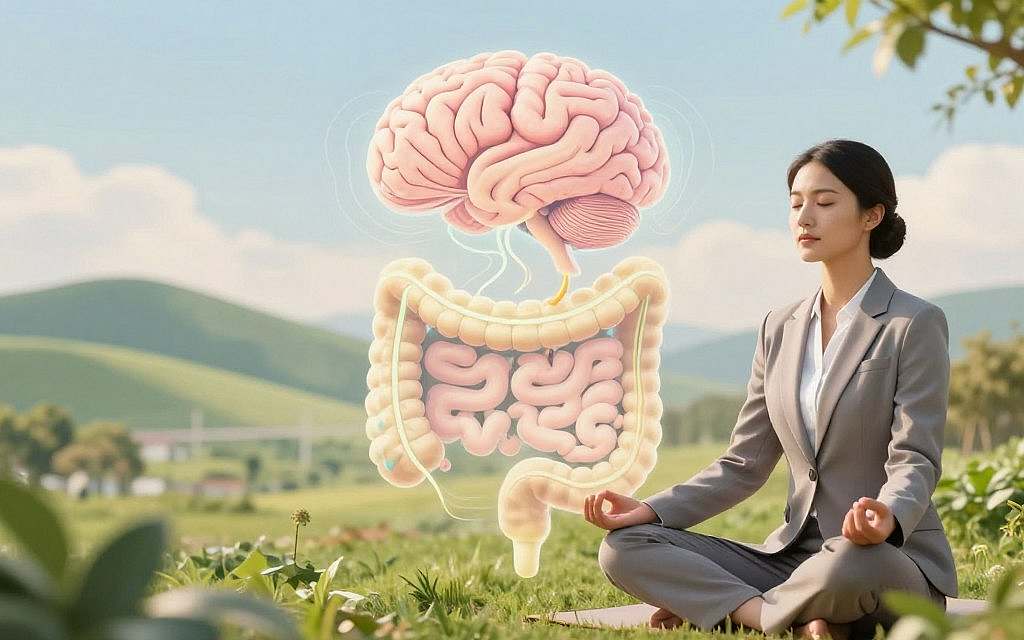 A serene and balanced scene depicting the connection between stress management and the gut-brain axis in complementary medicine. In the foreground, a calm individual in professional attire is meditating, surrounded by soft green foliage, signifying tranquility. In the middle ground, an ethereal representation of the gut-brain axis, illustrated as intricate pathways linking the brain and gut with soft, flowing lines and gentle colors, symbolizing communication and harmony. In the background, a peaceful landscape with rolling hills and a clear sky enhances the mood of wellness and serenity. Soft, natural lighting casts a warm glow over the scene, creating a nurturing and holistic atmosphere. Focused, inviting angle to capture the essence of health and balance, emphasizing the holistic approach to gut health. A serene and balanced scene depicting the connection between stress management and the gut-brain axis in complementary medicine. In the foreground, a calm individual in professional attire is meditating, surrounded by soft green foliage, signifying tranquility. In the middle ground, an ethereal representation of the gut-brain axis, illustrated as intricate pathways linking the brain and gut with soft, flowing lines and gentle colors, symbolizing communication and harmony. In the background, a peaceful landscape with rolling hills and a clear sky enhances the mood of wellness and serenity. Soft, natural lighting casts a warm glow over the scene, creating a nurturing and holistic atmosphere. Focused, inviting angle to capture the essence of health and balance, emphasizing the holistic approach to gut health.