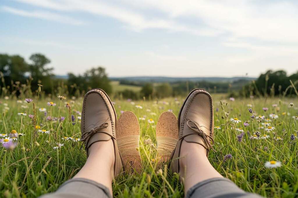 A serene and balanced scene representing "homöostase," showcasing an intricate interplay of natural elements and human health. In the foreground, a pair of healthy feet, clad in professional, modest footwear, gently rest on a soft green surface adorned with lush grass and delicate wildflowers. The middle layer features a subtle representation of the Akusoli insoles, highlighting their unique material and texture with a warm light illuminating them. In the background, a tranquil landscape unfolds with soft-focus trees and rolling hills under a gentle blue sky, evoking a sense of harmony. The lighting is soft and diffused, suggesting a calm, healing atmosphere, while the composition uses a slight upward angle to convey elevation and balance.