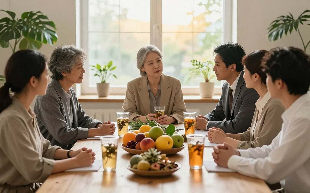 A serene and calming scene depicting the concept of detoxification and elimination as fundamental aspects of alternative gut therapies. In the foreground, a diverse group of professionals in modest business attire engaged in a discussion, surrounded by natural elements like green plants and herbal infusions, symbolizing healing. In the middle ground, a table filled with vibrant fruits, herbal remedies, and detoxifying drinks, illustrating a holistic approach to gut health. The background features a sunlit window with soft, warm light streaming in, creating an inviting atmosphere. The mood is peaceful and restorative, evoking a sense of balance and health, with a gentle focus on nature as a source of wellness. A serene and calming scene depicting the concept of detoxification and elimination as fundamental aspects of alternative gut therapies. In the foreground, a diverse group of professionals in modest business attire engaged in a discussion, surrounded by natural elements like green plants and herbal infusions, symbolizing healing. In the middle ground, a table filled with vibrant fruits, herbal remedies, and detoxifying drinks, illustrating a holistic approach to gut health. The background features a sunlit window with soft, warm light streaming in, creating an inviting atmosphere. The mood is peaceful and restorative, evoking a sense of balance and health, with a gentle focus on nature as a source of wellness.
