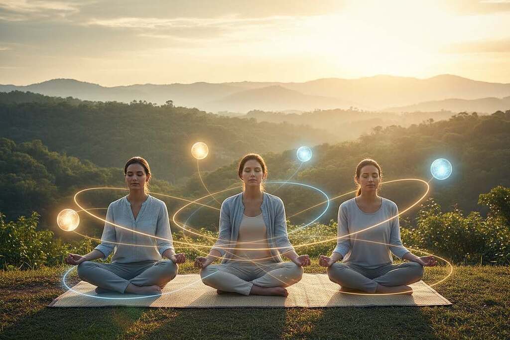 A serene and calming scene illustrating the concept of energy flow harmonization. In the foreground, visualize a diverse group of three professionals in modest business attire, engaged in a gentle group meditation, surrounded by soft, glowing orbs of light representing energy flow. In the middle ground, incorporate subtle, flowing lines of energy traveling through and around them, symbolizing the harmonization effect. The background should feature a tranquil nature scene, with lush greenery and distant mountains bathed in golden sunlight, enhancing the peaceful atmosphere. Use soft, diffused lighting to create a soothing mood, capturing the essence of stress relief and holistic health. The angle should be slightly elevated to encompass both the individuals and the serene landscape, inviting viewers to connect with the subject's tranquility.