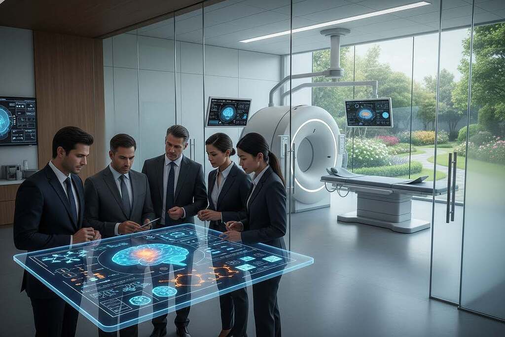 A serene and focused medical environment highlighting the neurological aspects of pain modulation and endorphin release. In the foreground, a diverse group of professionals in business attire engaging in a discussion around a digital tablet displaying brain scans and schematic diagrams related to neurology. The middle ground features a modern examination room with medical equipment, like an MRI machine and neurological charts. Soft, natural lighting illuminates the space, creating a calm and informative atmosphere. In the background, a large window reveals a tranquil, green outdoor view, symbolizing health and wellness. The overall mood conveys professionalism and a sense of discovery in the field of neurology.