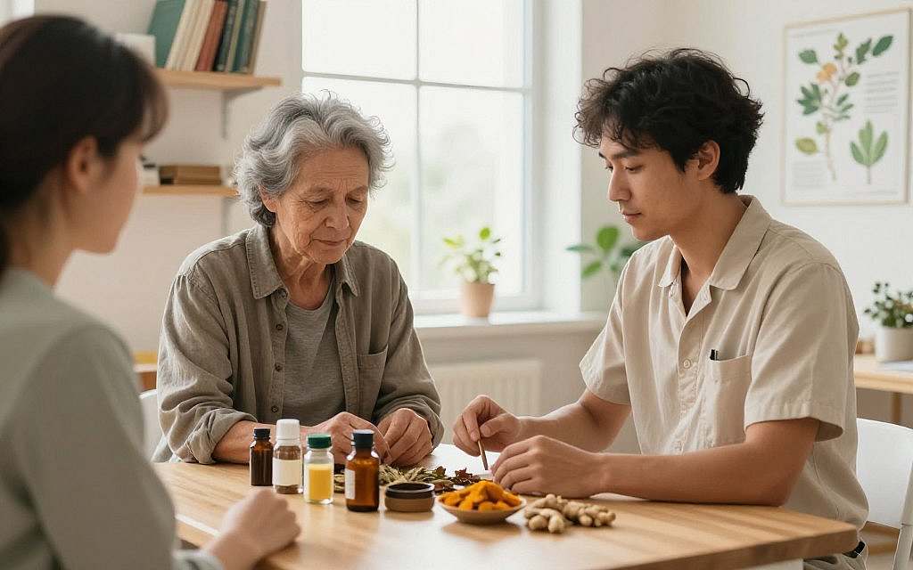 A serene and inviting clinical setting showcasing complementary therapy approaches for chronic inflammatory bowel diseases, situated in the foreground. A professional wearing modest casual clothing interacts with a patient, demonstrating the use of herbal remedies on a table filled with various natural supplements, like turmeric and ginger. In the middle ground, a bright window allows soft, natural light to illuminate the room, enhancing the atmosphere of healing and wellness. In the background, shelves lined with books on holistic health and botanical charts create an environment of knowledge and support. The color palette is warm and inviting, suggesting tranquility and hope, while the overall composition reflects a balance of professionalism and comfort, evoking a sense of community in the pursuit of gut health. A serene and inviting clinical setting showcasing complementary therapy approaches for chronic inflammatory bowel diseases, situated in the foreground. A professional wearing modest casual clothing interacts with a patient, demonstrating the use of herbal remedies on a table filled with various natural supplements, like turmeric and ginger. In the middle ground, a bright window allows soft, natural light to illuminate the room, enhancing the atmosphere of healing and wellness. In the background, shelves lined with books on holistic health and botanical charts create an environment of knowledge and support. The color palette is warm and inviting, suggesting tranquility and hope, while the overall composition reflects a balance of professionalism and comfort, evoking a sense of community in the pursuit of gut health.