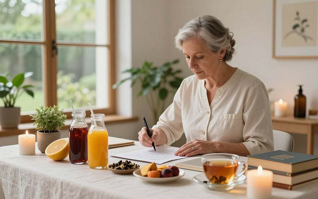 A serene and inviting wellness space, emphasizing Rudolf Breuß's fasting and detoxification methods for gut and immune health. In the foreground, a beautifully arranged table with fresh organic juices, herbal teas, and detoxifying fruits, surrounded by calming elements like candles and plants. In the middle, a gentle, focused therapist, wearing professional attire, preparing a detox plan, alongside traditional healing books. The background features a softly lit room with natural light filtering through large windows, showcasing a peaceful garden view. The atmosphere is tranquil and healing, imbued with light earth tones and subtle greenery, reflecting a holistic approach to health and well-being. The overall mood is warm and inviting, perfect for promoting a sense of tranquility and health. A serene and inviting wellness space, emphasizing Rudolf Breuß's fasting and detoxification methods for gut and immune health. In the foreground, a beautifully arranged table with fresh organic juices, herbal teas, and detoxifying fruits, surrounded by calming elements like candles and plants. In the middle, a gentle, focused therapist, wearing professional attire, preparing a detox plan, alongside traditional healing books. The background features a softly lit room with natural light filtering through large windows, showcasing a peaceful garden view. The atmosphere is tranquil and healing, imbued with light earth tones and subtle greenery, reflecting a holistic approach to health and well-being. The overall mood is warm and inviting, perfect for promoting a sense of tranquility and health.