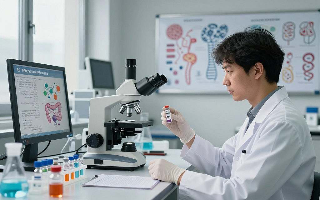 A serene and professional laboratory setting, featuring a modern workspace focused on mikroimmuntherapie and biogenetics for immune system enhancement. In the foreground, a researcher in a white lab coat examines colorful vials of liquid that represent biogenetic therapies, highlighting the intricate relationship between gut health and immune response. The middle ground showcases a high-tech microscope and immunology charts on the walls, emphasizing a scientific approach to lymphocyte systems. In the background, whiteboards filled with diagrams of immune cellular interactions and genetic sequences create an academic atmosphere. Soft, natural lighting filters through large windows, casting gentle shadows and enhancing the mood of innovation and hope. The scene conveys professionalism and a sense of discovery in alternative health methods. A serene and professional laboratory setting, featuring a modern workspace focused on mikroimmuntherapie and biogenetics for immune system enhancement. In the foreground, a researcher in a white lab coat examines colorful vials of liquid that represent biogenetic therapies, highlighting the intricate relationship between gut health and immune response. The middle ground showcases a high-tech microscope and immunology charts on the walls, emphasizing a scientific approach to lymphocyte systems. In the background, whiteboards filled with diagrams of immune cellular interactions and genetic sequences create an academic atmosphere. Soft, natural lighting filters through large windows, casting gentle shadows and enhancing the mood of innovation and hope. The scene conveys professionalism and a sense of discovery in alternative health methods.