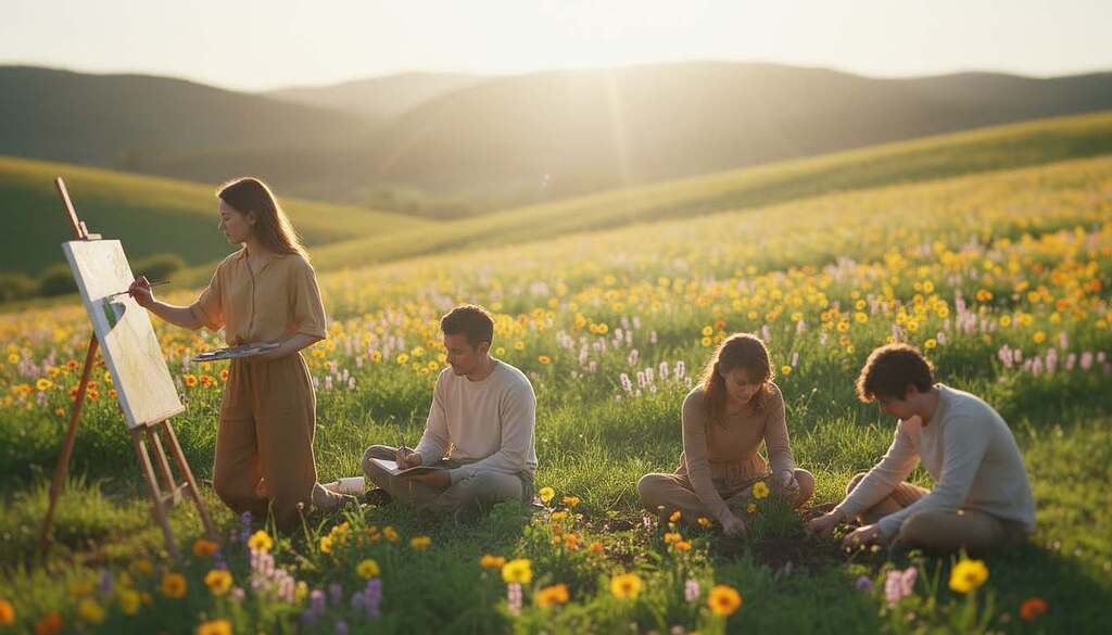 A serene and uplifting scene depicting the concept of spiritual awakening and creative power in everyday life. In the foreground, a diverse group of individuals dressed in modest casual clothing, engaged in various acts of creativity, such as painting, writing, and gardening, representing empowerment and transformation. In the middle ground, a sunlit open space filled with vibrant flowers and lush greenery, symbolizing growth and renewal. The background features soft, rolling hills under a warm, golden sunset, evoking a sense of hope and tranquility. The atmosphere is calm and inspiring, with gentle rays of light illuminating the scene, creating a dreamy and ethereal quality, captured with a soft focus to enhance the feeling of enlightenment and awakening.