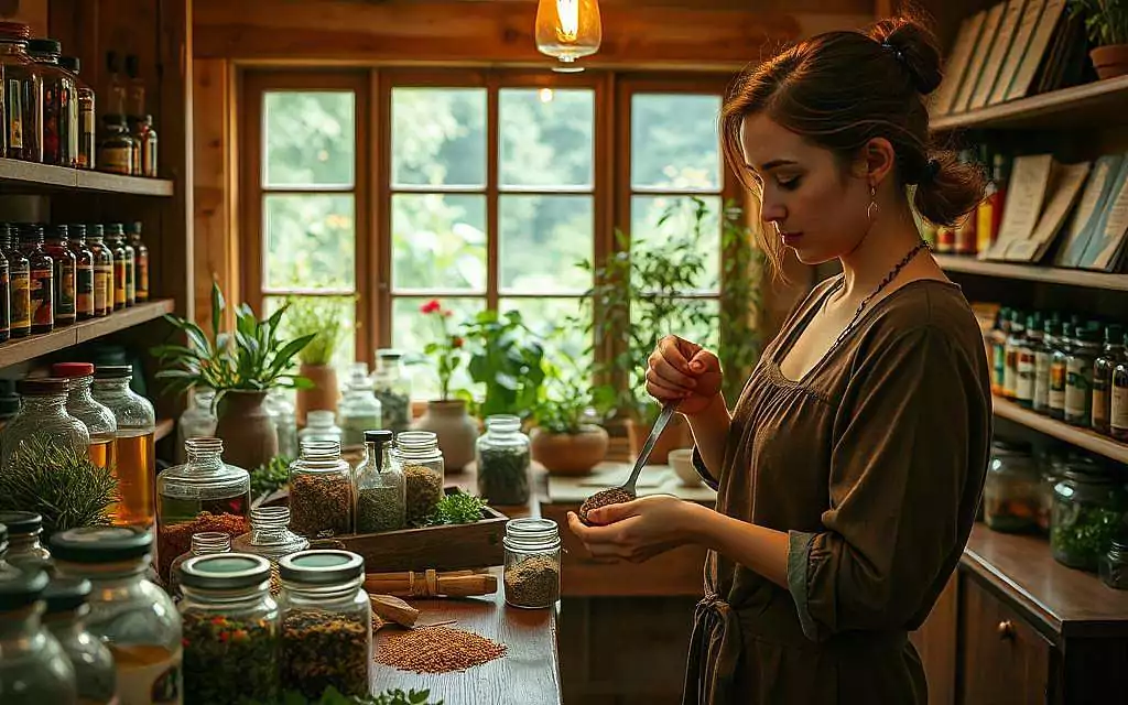 A serene apothecary scene set in a cozy, wooden interior, illuminated by warm, soft lighting that highlights an array of vibrant herbal extracts and traditional remedies. In the foreground, a European woman in modest casual clothing carefully measures dried herbs with a wooden spoon, surrounded by glass jars filled with colorful plant materials and essential oils. In the middle ground, wooden shelves display fresh herbs, tinctures, and historical healing texts. The background features a softly blurred window showcasing a lush garden with medicinal plants, adding a sense of tranquility. The atmosphere is peaceful and focused, evoking a sense of ancient wisdom and connection to nature.
