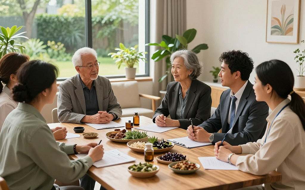 A serene, holistic oncology setting showcasing complementary therapies for lymphomas and bowel cancer. In the foreground, a diverse group of health professionals in professional business attire discuss treatment options around a wooden table filled with natural remedies, herbs, and educational materials. In the middle ground, a peaceful consultation area with soft lighting, featuring greenery and soothing colors, evoking a sense of calm and hope. The background includes a large window with sunlight streaming in, revealing a tranquil garden that symbolizes healing and vitality. The atmosphere is warm and inviting, fostering a sense of community and support in alternative therapies. The composition is balanced and harmonious, highlighting the interconnectedness of body, mind, and spirit in the pursuit of health. A serene, holistic oncology setting showcasing complementary therapies for lymphomas and bowel cancer. In the foreground, a diverse group of health professionals in professional business attire discuss treatment options around a wooden table filled with natural remedies, herbs, and educational materials. In the middle ground, a peaceful consultation area with soft lighting, featuring greenery and soothing colors, evoking a sense of calm and hope. The background includes a large window with sunlight streaming in, revealing a tranquil garden that symbolizes healing and vitality. The atmosphere is warm and inviting, fostering a sense of community and support in alternative therapies. The composition is balanced and harmonious, highlighting the interconnectedness of body, mind, and spirit in the pursuit of health.