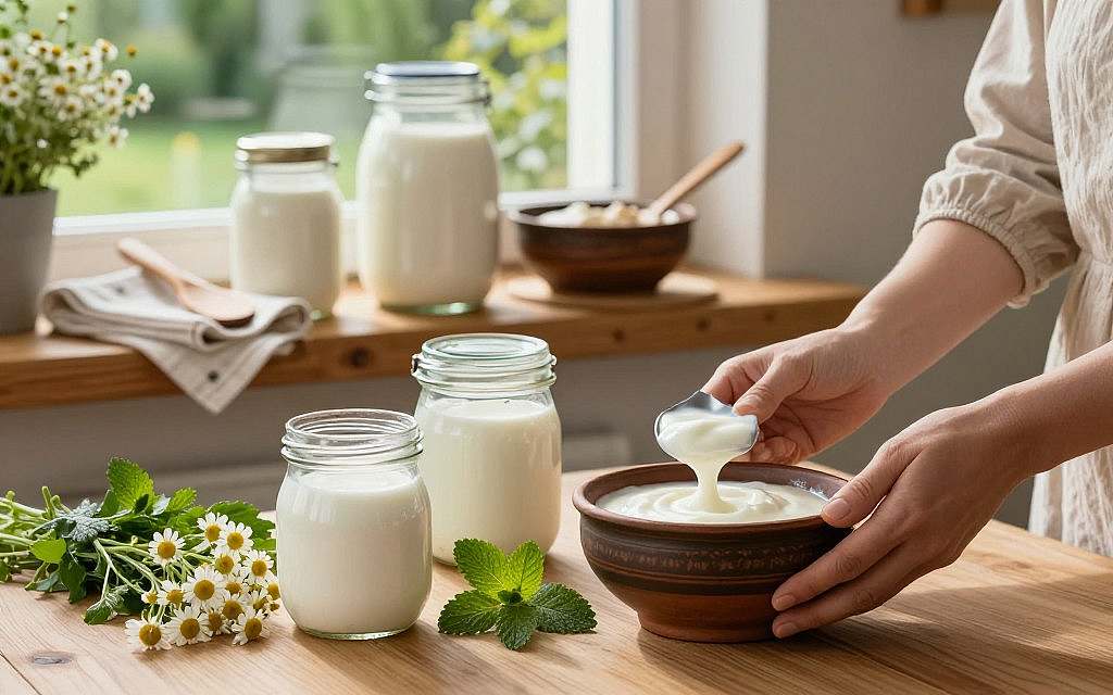 A serene kitchen setting illustrating "Naturmedizin und traditionelle Fermente," featuring a wooden table adorned with jars of homemade yogurt, quark, and skyr. In the foreground, a pair of hands in modest casual clothing carefully ladle creamy yogurt into a clay bowl, surrounded by fresh herbs and medicinal plants, such as chamomile and mint. In the middle ground, a rustic shelf holds a variety of traditional fermentation tools, such as cheesecloth and wooden spoons, bathed in warm, natural lighting from a window. The background showcases a soft-focus view of a garden with lively greenery, creating a harmonious atmosphere that promotes health and vitality. The overall mood is calm and inviting, ideal for highlighting the benefits of natural medicine. A serene kitchen setting illustrating "Naturmedizin und traditionelle Fermente," featuring a wooden table adorned with jars of homemade yogurt, quark, and skyr. In the foreground, a pair of hands in modest casual clothing carefully ladle creamy yogurt into a clay bowl, surrounded by fresh herbs and medicinal plants, such as chamomile and mint. In the middle ground, a rustic shelf holds a variety of traditional fermentation tools, such as cheesecloth and wooden spoons, bathed in warm, natural lighting from a window. The background showcases a soft-focus view of a garden with lively greenery, creating a harmonious atmosphere that promotes health and vitality. The overall mood is calm and inviting, ideal for highlighting the benefits of natural medicine.