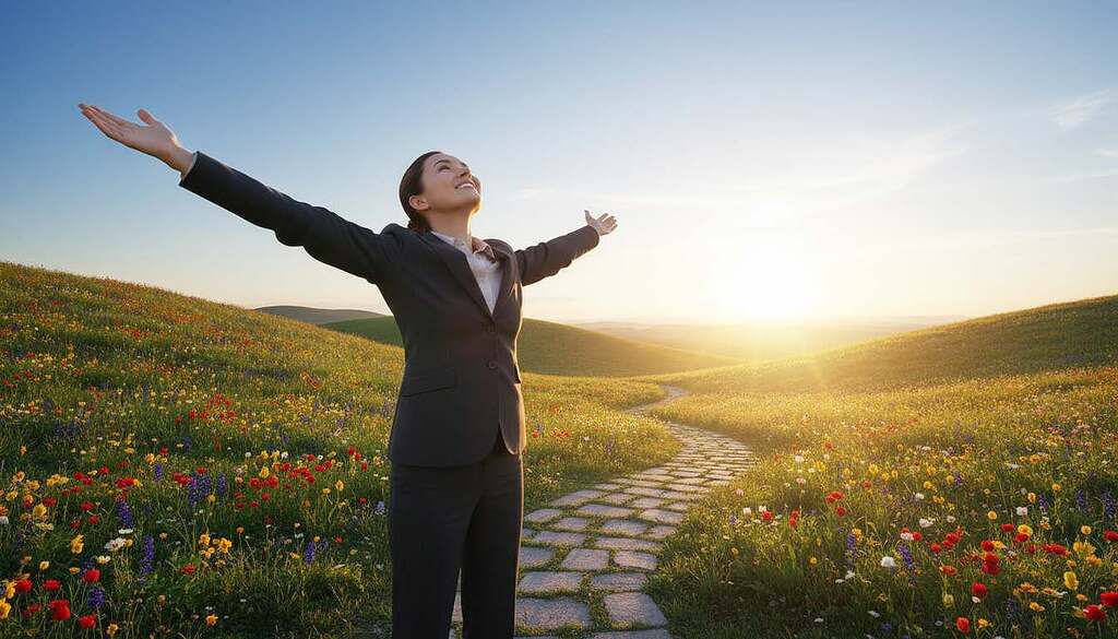 A serene landscape illustrating the concept of personal responsibility as a pathway to freedom and sovereignty. In the foreground, a confident individual in professional business attire stands with arms outstretched, symbolizing empowerment and self-ownership. Lush green hills roll into the middle ground, dotted with blooming flowers representing growth and potential. In the background, a bright blue sky transitions into warm hues of orange and purple, suggesting the dawn of a new era. Soft, golden sunlight bathes the scene, creating a hopeful atmosphere. Capture the image from a slightly low angle to emphasize the figure’s stance, evoking a sense of inspiration and aspiration, inviting the viewer to reflect on their own journey towards self-empowerment and autonomy.