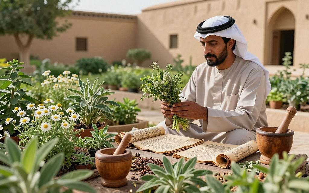 A serene medicinal herb garden reflecting the essence of Arabic herbal medicine. In the foreground, a diverse selection of vibrant healing plants like chamomile, fenugreek, and sage, with their leaves glistening in the soft sunlight. In the middle, a traditional Arabic medicinal practitioner in modest clothing, examining a bundle of fresh herbs, surrounded by handwritten scrolls of ancient herbal texts and wooden mortars. The background features softly blurred sandstone architecture, symbolizing the rich heritage of Arabic culture. The scene is illuminated by warm, natural light, evoking a peaceful, contemplative atmosphere, inviting viewers to connect with the holistic approaches of phytotherapy. The perspective captures depth, allowing a glimpse of the lush greenery framing the practitioner, creating an immersive experience. A serene medicinal herb garden reflecting the essence of Arabic herbal medicine. In the foreground, a diverse selection of vibrant healing plants like chamomile, fenugreek, and sage, with their leaves glistening in the soft sunlight. In the middle, a traditional Arabic medicinal practitioner in modest clothing, examining a bundle of fresh herbs, surrounded by handwritten scrolls of ancient herbal texts and wooden mortars. The background features softly blurred sandstone architecture, symbolizing the rich heritage of Arabic culture. The scene is illuminated by warm, natural light, evoking a peaceful, contemplative atmosphere, inviting viewers to connect with the holistic approaches of phytotherapy. The perspective captures depth, allowing a glimpse of the lush greenery framing the practitioner, creating an immersive experience.