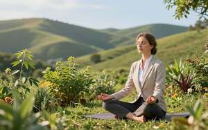 A serene scene capturing a holistic health concept, featuring a balanced individual in professional attire practicing mindfulness on a lush green hillside. In the foreground, show a person of European descent sitting cross-legged, eyes closed, radiating calmness. Surround them with vibrant plants that symbolize healing, like neem leaves and herbs, creating a natural ambiance. In the middle ground, depict gentle soft lighting filtering through trees, enhancing the sense of peace and connection to nature. The background should feature rolling hills under a clear blue sky, conveying tranquility. Ensure the image evokes a sense of harmony between body, mind, and spirit, reflecting a holistic approach to wellness. Use a warm color palette and soft focus for a soothing atmosphere.