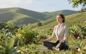 A serene scene capturing a holistic health concept, featuring a balanced individual in professional attire practicing mindfulness on a lush green hillside. In the foreground, show a person of European descent sitting cross-legged, eyes closed, radiating calmness. Surround them with vibrant plants that symbolize healing, like neem leaves and herbs, creating a natural ambiance. In the middle ground, depict gentle soft lighting filtering through trees, enhancing the sense of peace and connection to nature. The background should feature rolling hills under a clear blue sky, conveying tranquility. Ensure the image evokes a sense of harmony between body, mind, and spirit, reflecting a holistic approach to wellness. Use a warm color palette and soft focus for a soothing atmosphere.