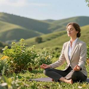 A serene scene capturing a holistic health concept, featuring a balanced individual in professional attire practicing mindfulness on a lush green hillside. In the foreground, show a person of European descent sitting cross-legged, eyes closed, radiating calmness. Surround them with vibrant plants that symbolize healing, like neem leaves and herbs, creating a natural ambiance. In the middle ground, depict gentle soft lighting filtering through trees, enhancing the sense of peace and connection to nature. The background should feature rolling hills under a clear blue sky, conveying tranquility. Ensure the image evokes a sense of harmony between body, mind, and spirit, reflecting a holistic approach to wellness. Use a warm color palette and soft focus for a soothing atmosphere.