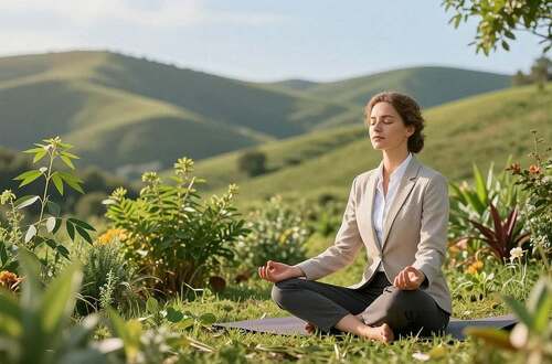A serene scene capturing a holistic health concept, featuring a balanced individual in professional attire practicing mindfulness on a lush green hillside. In the foreground, show a person of European descent sitting cross-legged, eyes closed, radiating calmness. Surround them with vibrant plants that symbolize healing, like neem leaves and herbs, creating a natural ambiance. In the middle ground, depict gentle soft lighting filtering through trees, enhancing the sense of peace and connection to nature. The background should feature rolling hills under a clear blue sky, conveying tranquility. Ensure the image evokes a sense of harmony between body, mind, and spirit, reflecting a holistic approach to wellness. Use a warm color palette and soft focus for a soothing atmosphere.