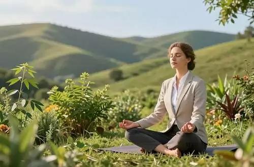 A serene scene capturing a holistic health concept, featuring a balanced individual in professional attire practicing mindfulness on a lush green hillside. In the foreground, show a person of European descent sitting cross-legged, eyes closed, radiating calmness. Surround them with vibrant plants that symbolize healing, like neem leaves and herbs, creating a natural ambiance. In the middle ground, depict gentle soft lighting filtering through trees, enhancing the sense of peace and connection to nature. The background should feature rolling hills under a clear blue sky, conveying tranquility. Ensure the image evokes a sense of harmony between body, mind, and spirit, reflecting a holistic approach to wellness. Use a warm color palette and soft focus for a soothing atmosphere.