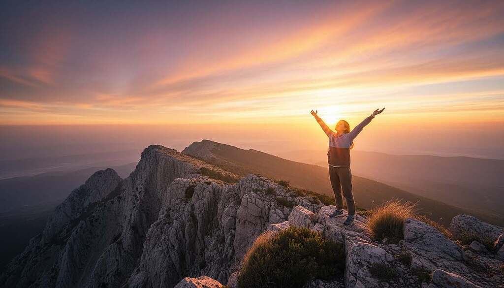 A serene scene depicting a person standing on a mountain peak at sunrise, symbolizing the journey of self-worth and self-love leading to inner strength. In the foreground, a confidently posed individual in modest casual clothing gazes at the horizon, arms raised in a gesture of empowerment. The middle ground features the mountain's rugged cliffs, illustrating the challenges overcome. In the background, a vibrant sky painted with warm hues of orange, pink, and soft purple reflects the awakening and freedom that comes with rediscovering one's identity. Gentle rays of sunlight cascade down, creating an uplifting and inspiring atmosphere. The composition should be captured with a wide-angle lens to emphasize the vastness of the landscape and the feeling of liberation, evoking a sense of hope and resilience.