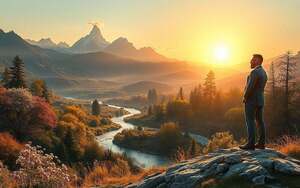 A serene scene depicting the search for the ideal amidst the divine in reality. In the foreground, a thoughtful European philosopher in professional attire stands on a rocky hill, gazing into the distance, symbolizing contemplation and aspiration. The middle ground features a lush, vibrant landscape with blooming flowers, flowing rivers, and a radiant light filtering through trees, illustrating the beauty of the real world. In the background, majestic mountains rise under a soft, golden sunset, embodying the ideals one seeks. The atmosphere is tranquil and inspiring, evoking a sense of hope and enlightenment. The lighting is warm and ethereal, creating a dreamlike quality that invites the viewer to contemplate the ideals of freedom and humanity.