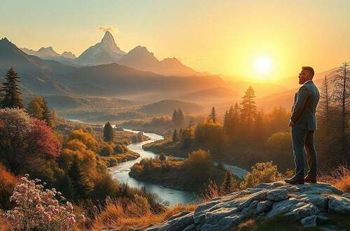 A serene scene depicting the search for the ideal amidst the divine in reality. In the foreground, a thoughtful European philosopher in professional attire stands on a rocky hill, gazing into the distance, symbolizing contemplation and aspiration. The middle ground features a lush, vibrant landscape with blooming flowers, flowing rivers, and a radiant light filtering through trees, illustrating the beauty of the real world. In the background, majestic mountains rise under a soft, golden sunset, embodying the ideals one seeks. The atmosphere is tranquil and inspiring, evoking a sense of hope and enlightenment. The lighting is warm and ethereal, creating a dreamlike quality that invites the viewer to contemplate the ideals of freedom and humanity.
