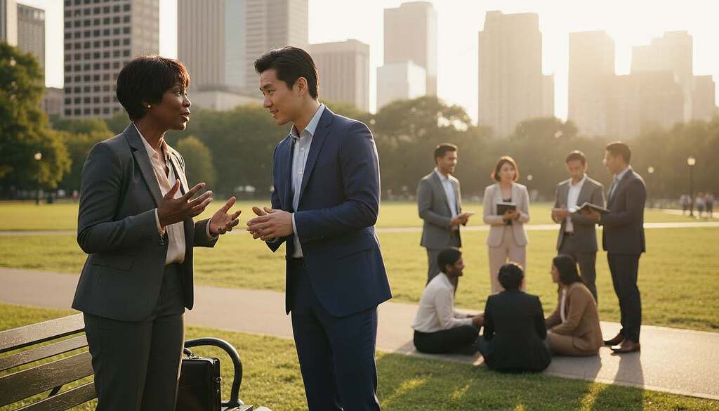 A serene urban scene depicting a diverse group of people engaged in deep, thoughtful conversations in a public park. In the foreground, two individuals, a middle-aged Black woman and a young Asian man, appear animated as they exchange ideas, both dressed in professional business attire. In the middle ground, a cluster of people from different backgrounds interact, illustrating varying perspectives and emotional expressions, with some observing while others participate. The background features tall city buildings softened by the warm glow of a late afternoon sun, casting gentle shadows. The atmosphere is vibrant yet reflective, capturing the essence of nuanced thinking and the richness found in complexity, rather than stark contrasts. The lighting emphasizes warmth and connection, inviting viewers to contemplate the beauty of grey areas in life.