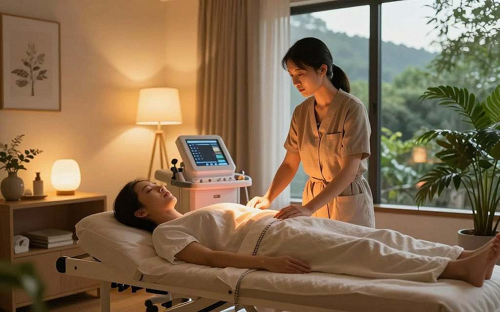 A serene wellness therapy room, warmly lit with soft, ambient glow from lamps, showcasing a professional female therapist in modest casual attire attentively monitoring a patient receiving hyperthermia treatment. The patient, relaxing on a therapy bed, is surrounded by soothing decor, with plants and soft textiles that evoke comfort and tranquility. The middle ground features advanced equipment that gently emits heat, illustrating the concept of warmth as a healing method. In the background, large windows show a peaceful greenery landscape, enhancing the calming atmosphere. The overall mood is peaceful and uplifting, embodying holistic health and immune stimulation through warmth therapy. Shot from a low angle to create an inviting, warm perspective. A serene wellness therapy room, warmly lit with soft, ambient glow from lamps, showcasing a professional female therapist in modest casual attire attentively monitoring a patient receiving hyperthermia treatment. The patient, relaxing on a therapy bed, is surrounded by soothing decor, with plants and soft textiles that evoke comfort and tranquility. The middle ground features advanced equipment that gently emits heat, illustrating the concept of warmth as a healing method. In the background, large windows show a peaceful greenery landscape, enhancing the calming atmosphere. The overall mood is peaceful and uplifting, embodying holistic health and immune stimulation through warmth therapy. Shot from a low angle to create an inviting, warm perspective.