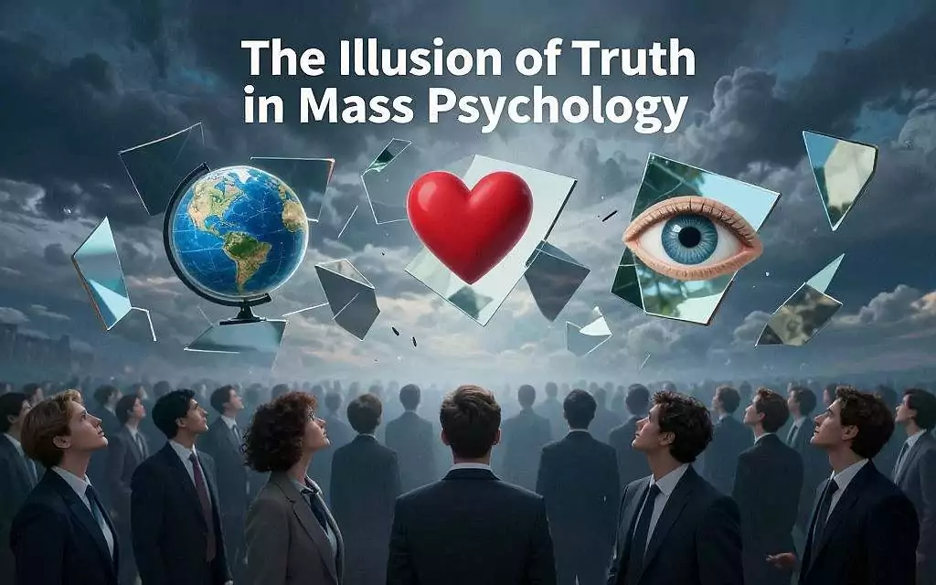 A surreal and thought-provoking representation of "The Illusion of Truth in Mass Psychology." In the foreground, a large, swirling mass of faceless figures in professional business attire, symbolizing the collective consciousness, gazes upwards. In the middle ground, fragmented mirrors reflect distorted images of iconic symbols such as a globe, a heart, and an eye, conveying the tension between perception and reality. The background features a turbulent sky filled with swirling clouds, colored in shades of deep blue and gray, hinting at confusion and chaos. Soft, diffused lighting casts an ethereal glow on the figures, creating an atmosphere of intrigue and contemplation. The composition captures the urgency and complexity of mass perception, inviting the viewer to explore the depths of collective belief.