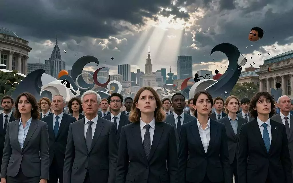 A surreal depiction of “metaphysik der masse,” blending order and chaos. In the foreground, a diverse group of individuals in professional business attire stand united, featuring varied expressions from hope to concern, representing the collective psyche. The middle ground reveals chaotic elements, like swirling abstract shapes and fragmented human figures, symbolizing the tumult of societal emotions. In the background, a city skyline emerges, merging classical architecture with modern structures under a dramatic, moody sky illuminated by rays of light, representing clarity amid chaos. The lighting is dynamic, emphasizing contrasts between light and shadow. The angle is slightly low, enhancing the grandeur of the scene while evoking a sense of introspection and complexity within human interactions.