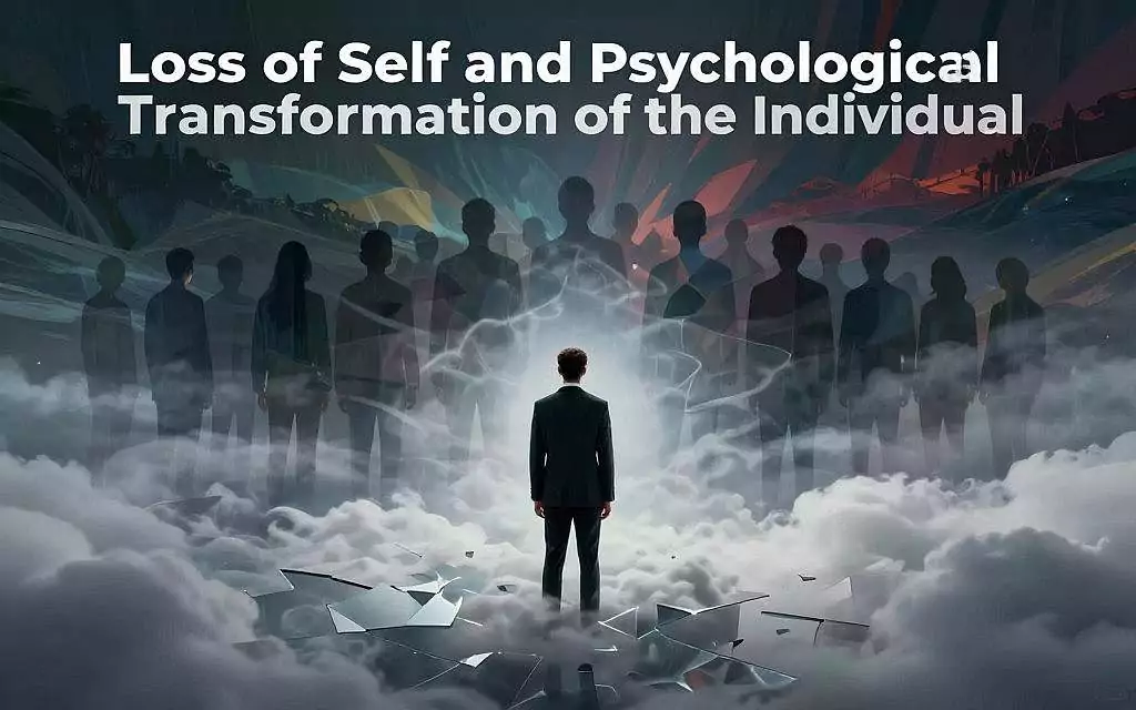 A surreal representation of "Loss of Self and Psychological Transformation of the Individual." In the foreground, a figure in professional attire stands amidst a swirling cloud of fragmented reflections, symbolizing the disintegration of identity. The middle ground features overlapping silhouettes of diverse individuals merging into a collective, illustrating the concept of mass psychology. In the background, a dark, abstract landscape evokes feelings of confusion and chaos, layered with hints of vibrant colors to suggest awakening and transformation. Soft, diffused lighting casts ethereal shadows, enhancing the dreamlike quality, while a slightly low angle captures the vastness of the scene. The atmosphere conveys a sense of introspective melancholy and profound change, capturing the essence of individual psychological metamorphosis within a collective context.