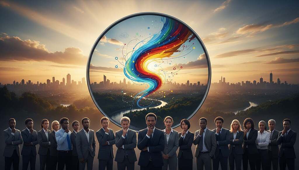 A symbolic illustration of "Politics as a Mirror of the People's Soul and Collective Consciousness." In the foreground, a diverse group of individuals in professional business attire, standing united yet contemplative, embodying different cultures and backgrounds. They gaze towards a large, reflective glass that showcases a swirling pattern of abstract human emotions and thoughts, representing the collective consciousness. In the middle, a city skyline transitions into natural landscapes, symbolizing the connection between urban politics and the people's spirit. The background features a radiant sunset, casting warm, golden light, creating an uplifting atmosphere. Employ a wide-angle lens to capture depth, focusing on the reflections in the glass. The overall mood conveys a sense of hope, awakening, and empowerment.