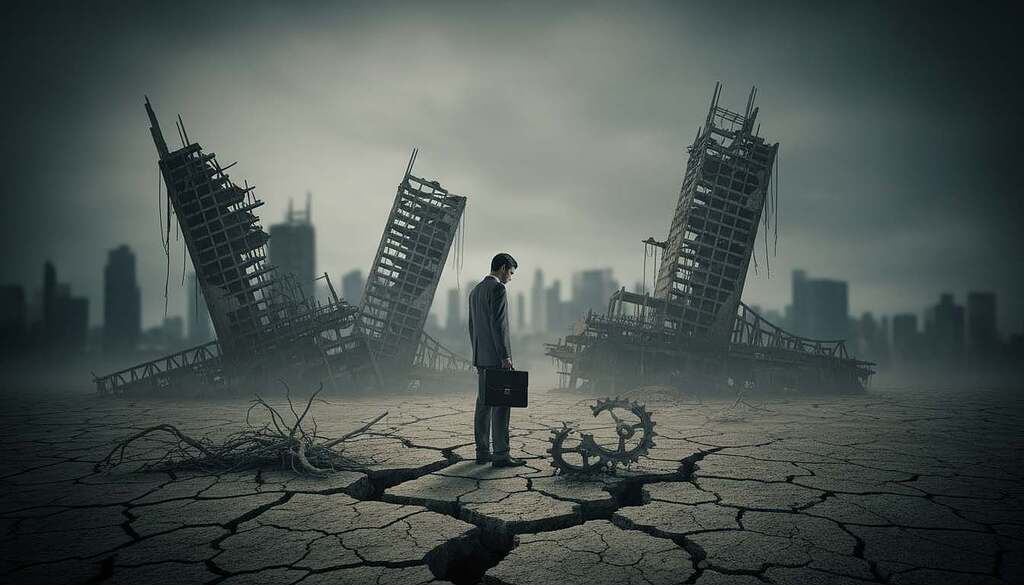 A symbolic portrayal of disconnection and loss of belonging in modern society. In the foreground, an individual dressed in professional business attire stands on a cracked, lifeless landscape, their expression reflecting a sense of isolation and longing. In the middle ground, abstract silhouettes of buildings loom in various states of decay, representing societal structures that once provided support but now feel empty and distant. The background features a hazy skyline under a dim, overcast sky, casting a somber, melancholic mood. Soft, diffused lighting enhances the feeling of desolation, while a slight vignette draws focus to the solitary figure, evoking a deep sense of yearning and introspection.