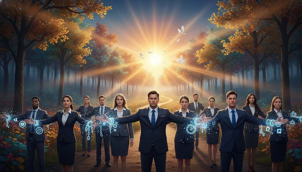 A symbolic scene representing breaking free from conditioning and finding self-determination. In the foreground, a diverse group of individuals stands confidently, dressed in professional business attire, each with their arms outstretched as if breaking chains that represent societal expectations. In the middle ground, a path winds through a vibrant forest, symbolizing the journey to empowerment, illuminated by warm, golden sunlight filtering through the leaves. The background features a bright sky with a rising sun, symbolizing new beginnings and hope. The atmosphere is one of liberation and inspiration, evoking feelings of strength and possibility. The image should have a soft focus with a slightly elevated angle to emphasize the depth of the journey ahead.