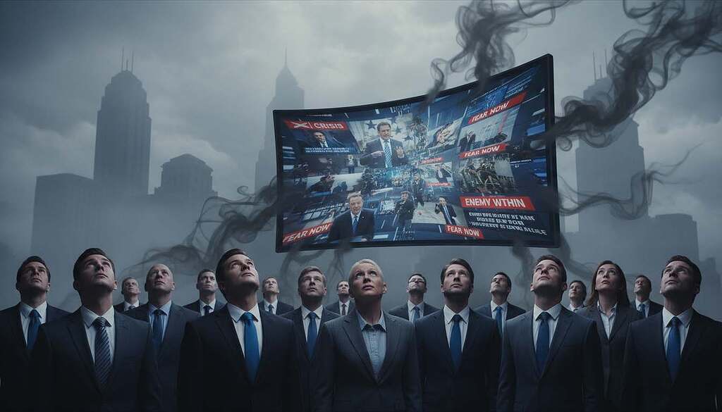 A thought-provoking scene depicting the concept of "Media and Propaganda Manipulation." In the foreground, a diverse group of people, dressed in professional business attire, gaze upward with expressions of confusion and concern, symbolizing the overwhelming influence of media. In the middle layer, a large TV screen displays distorted images and news headlines blending into dark swirling shadows, representing the manipulation by media and politics. The background features a cityscape, shrouded in fog, with looming silhouettes of bureaucratic buildings, signifying institutional control. Use dramatic lighting to cast shadows and highlight the tension, creating an atmosphere of unease and contemplation. The image should evoke feelings of urgency and introspection, inviting viewers to reflect on the impact of systematic fear control.