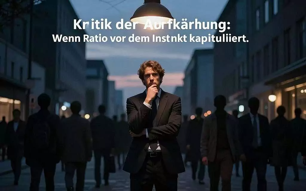 A thoughtful depiction representing the theme "Kritik der Aufklärung: Wenn Ratio vor dem Instinkt kapituliert." In the foreground, a solitary figure in professional business attire stands beneath a dimly lit street lamp, deep in contemplation. Their expression reflects a struggle between reason and instinct, symbolizing the intellectual struggle of the Enlightenment. In the middle ground, blurred silhouettes of faceless crowds embody collective psychology, conveying a sense of mass influence that looms over the individual. The background features an urban landscape at dusk, with shadows of imposing buildings, evoking a mood of introspection and tension. The lighting is dramatic, with chiaroscuro effects that enhance the emotional weight of the scene, all captured through a slightly low-angle view to emphasize the towering presence of societal pressures.