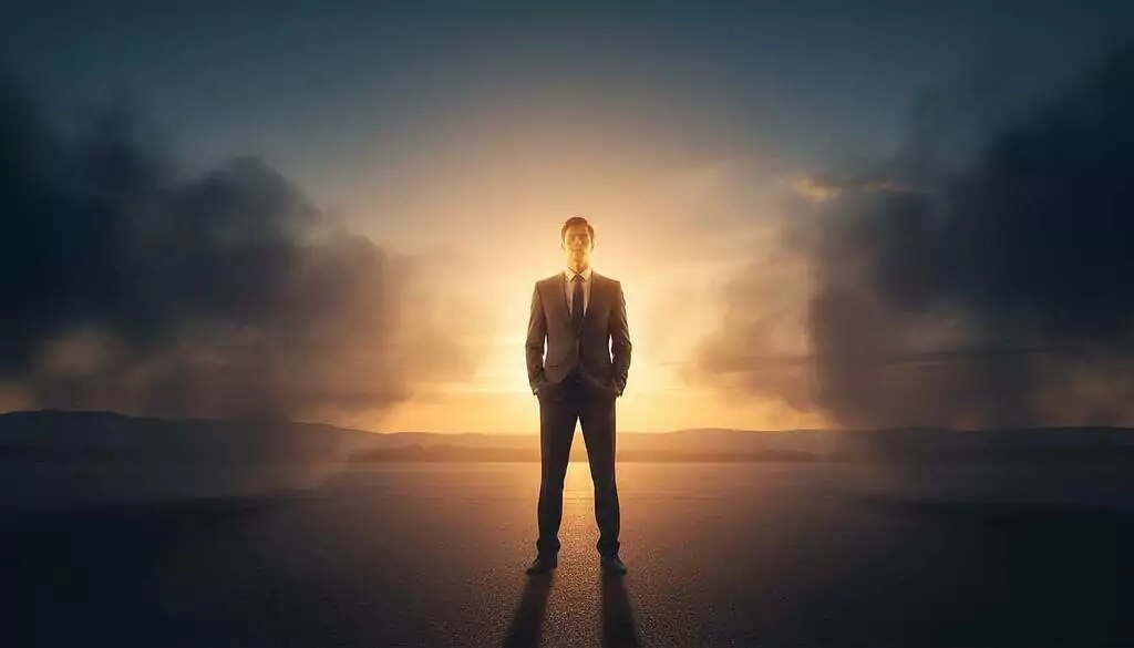 A transformative scene depicting the transition from fear to courage and truth. In the foreground, an individual dressed in professional business attire stands confidently, their face illuminated by a warm, golden light that symbolizes courage. The middle layer features a metaphorical representation of fear—a dark, swirling fog receding behind the figure, giving way to a radiant landscape bathed in sunlight. In the background, a brilliant sunrise reflects the theme of truth, with vivid colors of orange and blue blending harmoniously. The atmosphere is one of empowerment and awakening, captured from a slightly low angle to emphasize the individual's strength and determination. The overall mood is uplifting and inspiring, symbolizing a journey from darkness to light.
